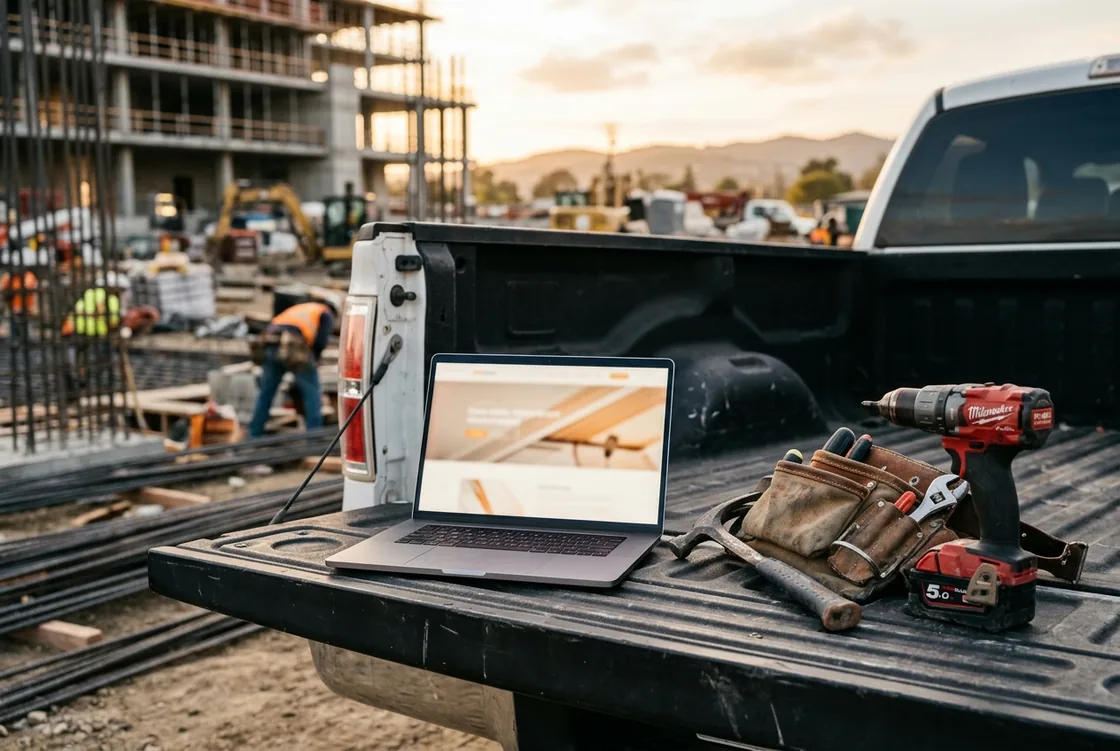 A laptop on a work truck tailgate showing a finished contractor website